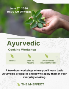 The session will include a short theory session with a questionnaire to identify the body-mind type (doshas) and learn basics of Ayurveda and digestion .We will also explore how everyday eating habits impact health, energy and balance.We will have a live cooking demonstration (you will watch and learn) and then we will all sit down for a wholesome meal together. Only 8 spots available.